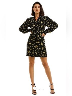 Ganni • yellow floral button front black mini shirt dress • lightweight XS / 34